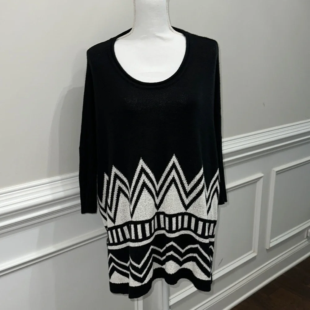Hannah Boho Black and White Round Neck 3/4 Sleeve Sweater size XL - Picture 2 of 7